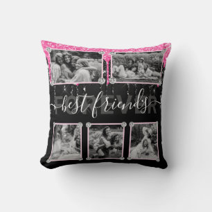 5 Photo Hot Pink & Black Glitter Best Friends Throw Pillow