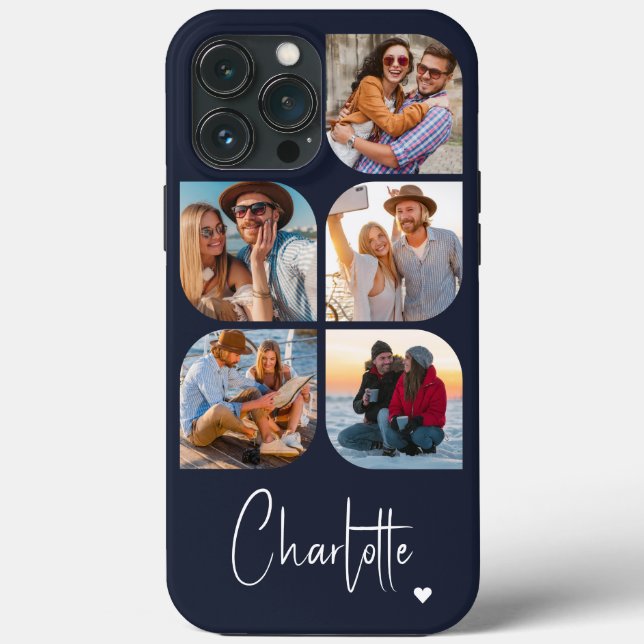 5 Photo Modern Trendy Simple Personalized Name Case-Mate iPhone Case (Back)
