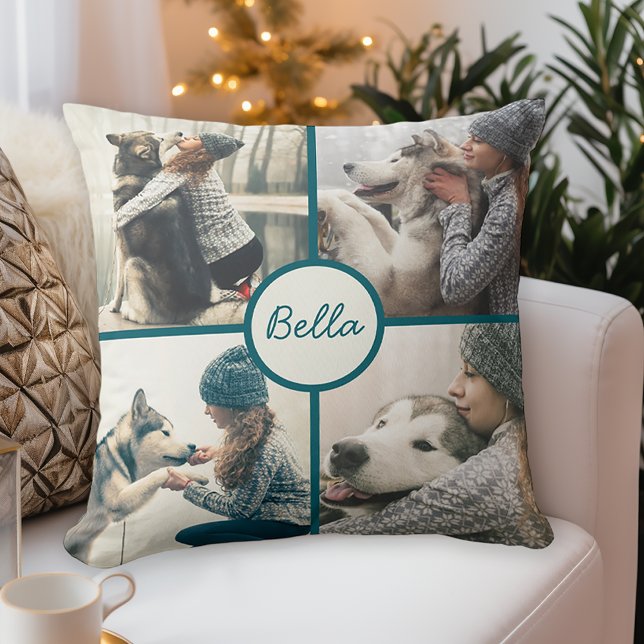 5 Photo Pet Dog Personalized with Name Throw Pillow (This pillow has a photo collage on the front and a full photo on the back.)