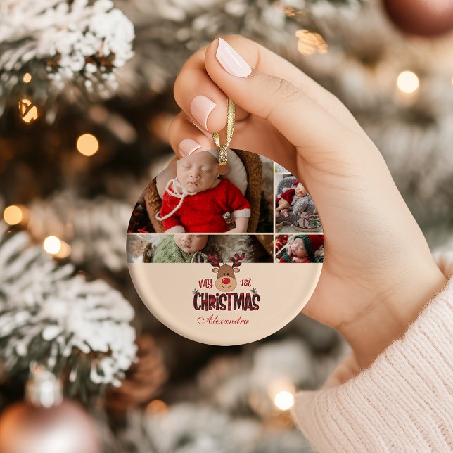 5 Photo Plaid Reindeer Baby First Christmas  Ceramic Ornament (Creator Uploaded)