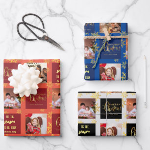 5 Photo Red Blue Black Merry Christmas. Wrapping Paper Sheet