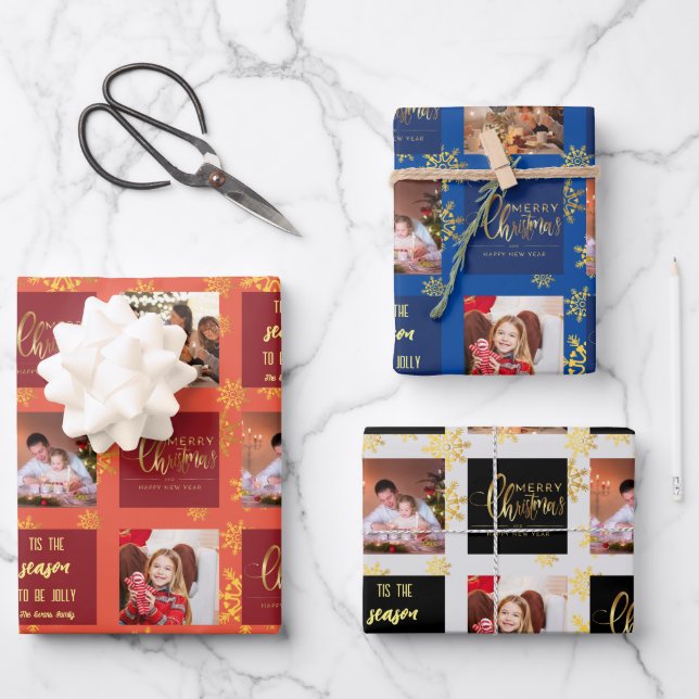 5 Photo Red Blue Black Merry Christmas. Wrapping Paper Sheet (Front)