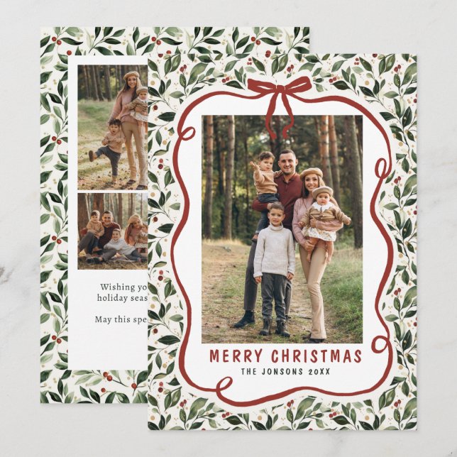 5 Photo Retro Christmas Hand Drawn Red Bow Ribbon Holiday Card (Front/Back)