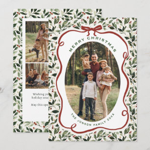 5 Photo Retro Christmas Hand Drawn Red Bow Ribbon Holiday Card