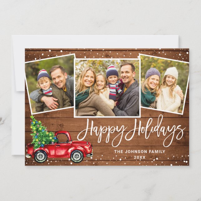 5 PHOTO Retro Christmas Red Truck Rustic Greeting Holiday Card (Front)