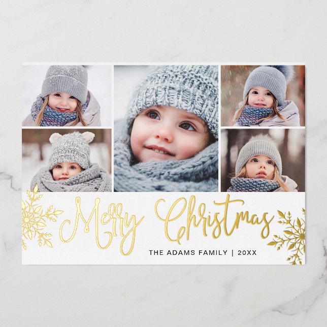 5 PHOTO Sparkle Christmas Greeting Gold Foil Holiday Card (Front)
