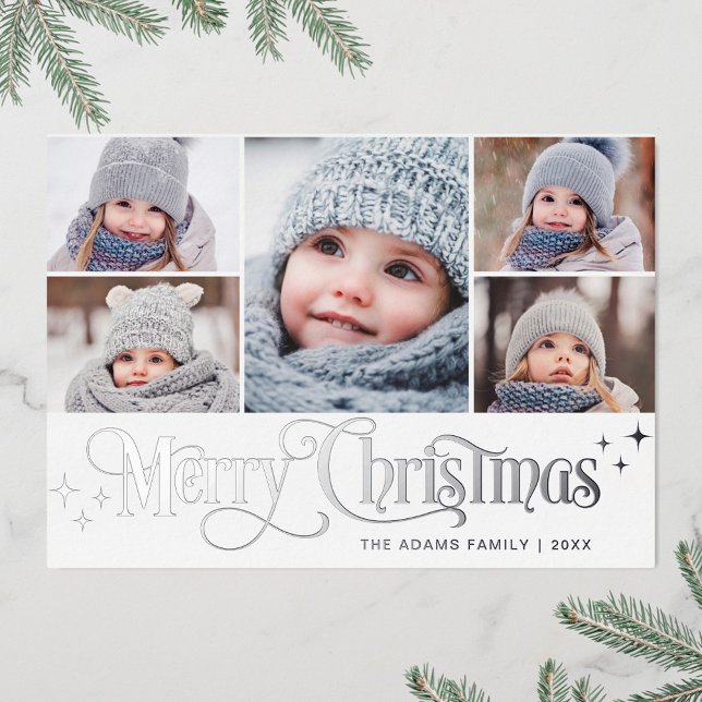 5 PHOTO Sparkle Christmas Greeting Silver Foil Holiday Card (Creator Uploaded)