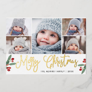 5 PHOTO Sparkle Merry Christmas Greeting Gold Foil Holiday Card