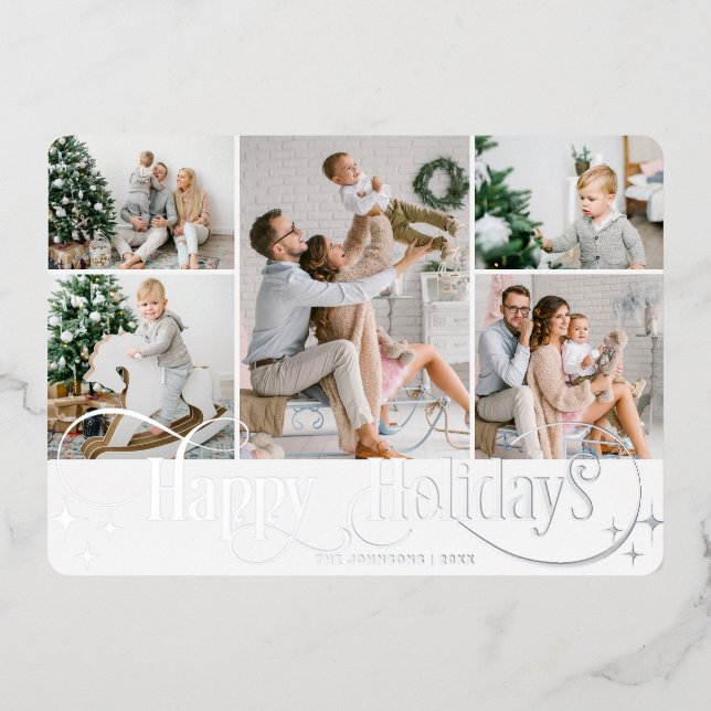 5 PHOTO Sparkle Merry Christmas Silver Foil Holiday Card (Front)