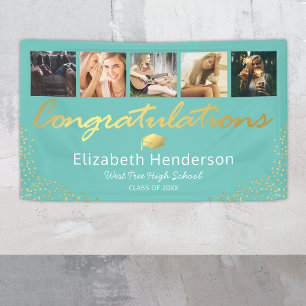 5 Photo Teal Gold Graduation Party Banner
