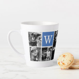 5-Photo Template Blue Monogram Latte Mug