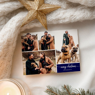 5 Photos Collage Stylish Font Merry Christmas Blue Postcard