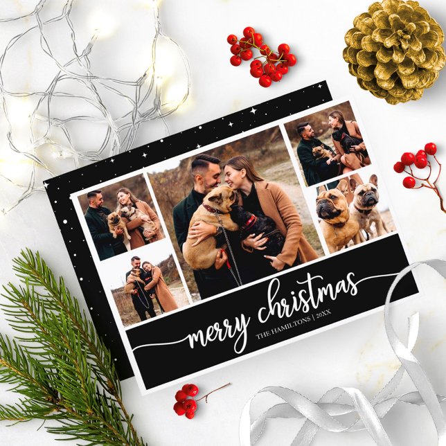 5 Photos Collage Stylish Merry Christmas Black Invitation (Creator Uploaded)