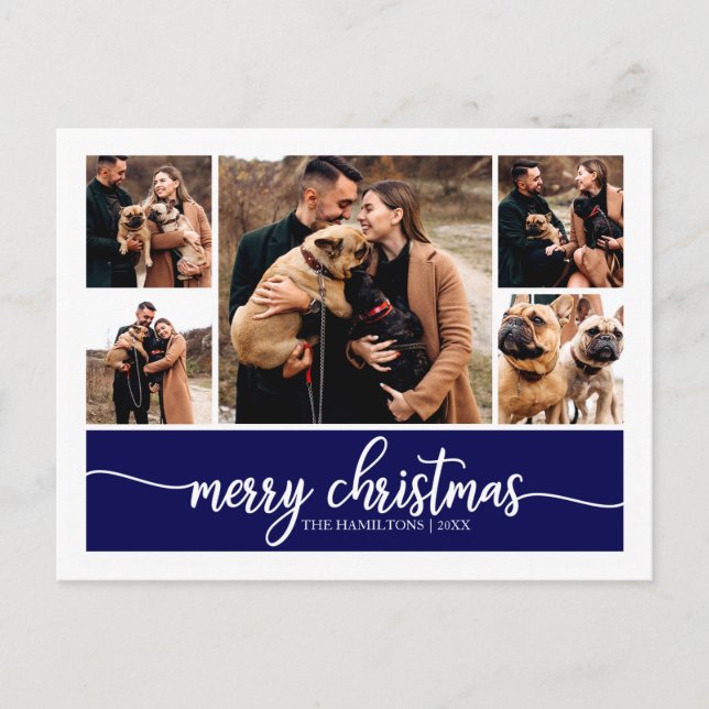 5 Photos Collage Stylish Merry Christmas Blue Postcard (Front)