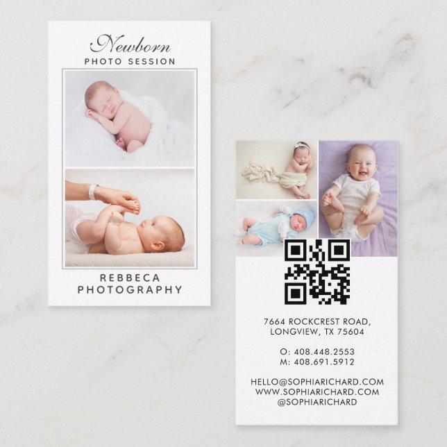 5 Photos Logo QR Code Newborn Baby Photographer  Business Card (Front/Back)