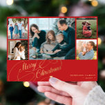 5 photos Merry Christmas elegant script collage Holiday Card<br><div class="desc">Elegant stylish Merry Christmas faux gold classic calligraphy script five family photos red holiday card with your custom personalized text on both sides. PLEASE NOTE that the background colour is editable. You can change it after selecting CUSTOMIZE option down below the PERSONALIZE IT menu. If you don't feel at ease...</div>