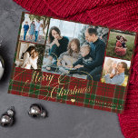 5 photos Merry Christmas elegant script red plaid  Holiday Card<br><div class="desc">Elegant stylish Merry Christmas faux gold classic calligraphy script five family photos red green plaid tartan rustic holiday card with your custom personalized text on both sides.</div>