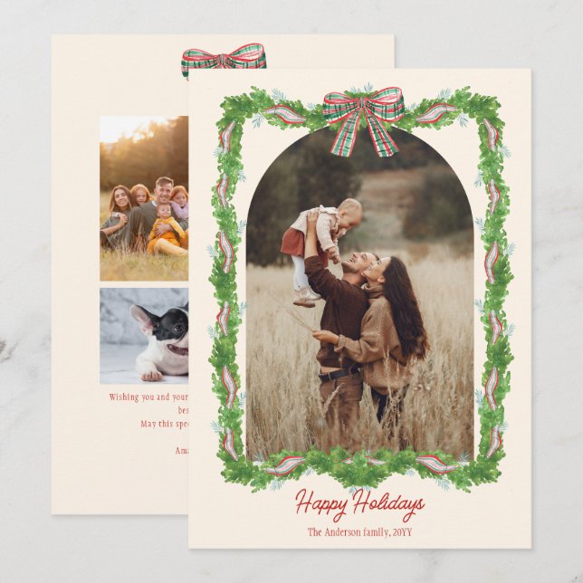 5 photos plaid bow rustic Christmas Photo Holiday Card (Front/Back)