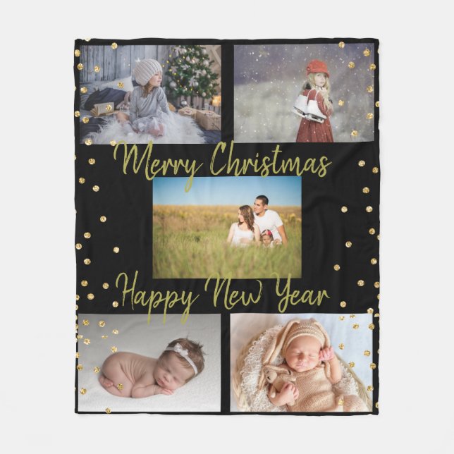 5 Pics Family Collage Gold Script Christmas Fleece Blanket (Front)