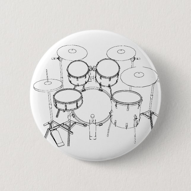 5 Piece Drum Kit: Black & White Drawing: 2 Inch Round Button (Front)