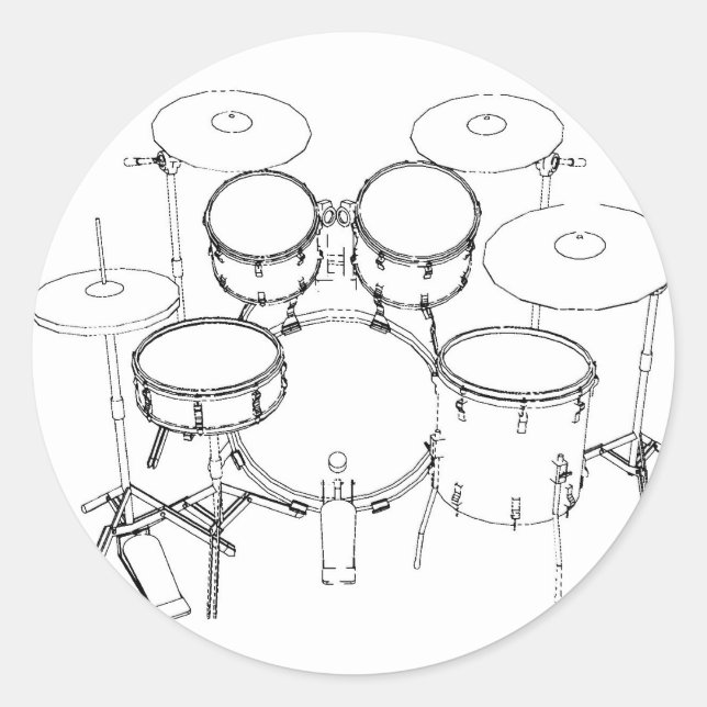 5 Piece Drum Kit: Black & White Drawing: Classic Round Sticker (Front)