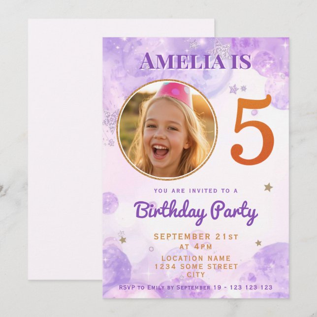 5 Purple Gold Star Bubbles 5th Birthday Invitation (Devant / Derrière)