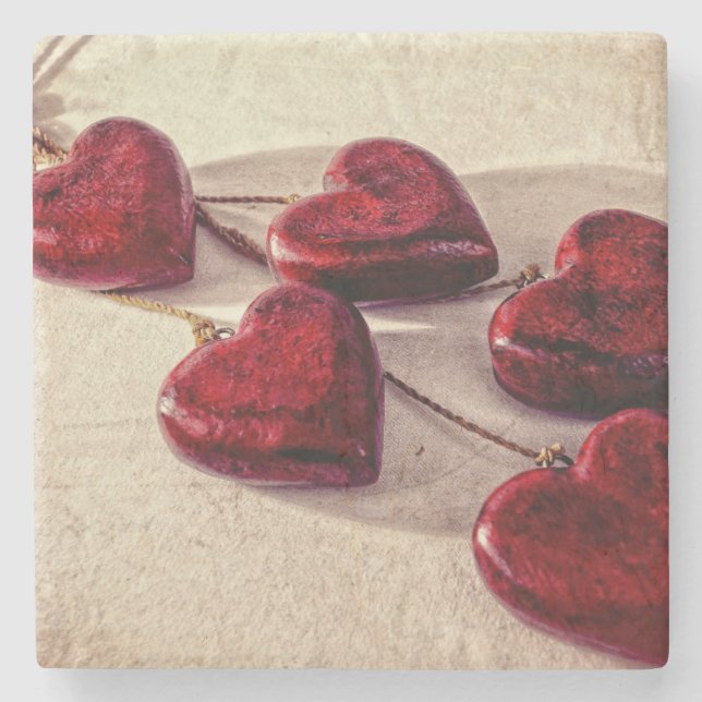 5 Red Wooden Hearts Entwined Together Stone Coaster (Front)