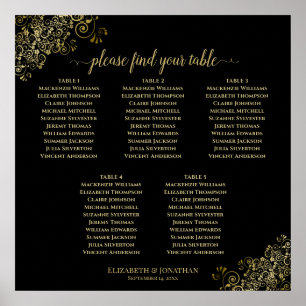5 Table Black Wedding Seating Chart w/ Gold Frills