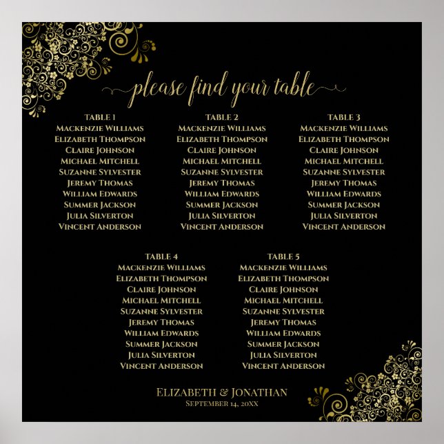 5 Table Black Wedding Seating Chart w/ Gold Frills (Front)