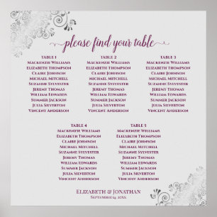 5 Table Cassis Purple & Grey Wedding Seating Chart