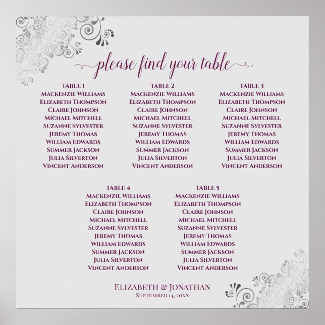5 Table Cassis Purple & Grey Wedding Seating Chart (Front)