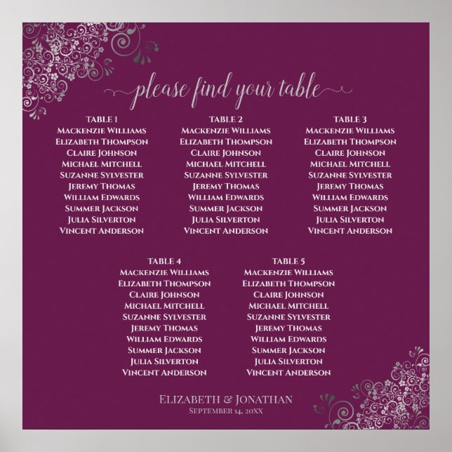 5 Table Cassis & Silver Wedding Seating Chart (Front)