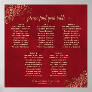 5 Table Crimson Red & Gold Wedding Seating Chart