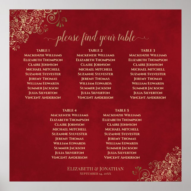 5 Table Crimson Red & Gold Wedding Seating Chart (Front)