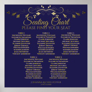 5 Table Elegant Gold & Navy Wedding Seating Chart