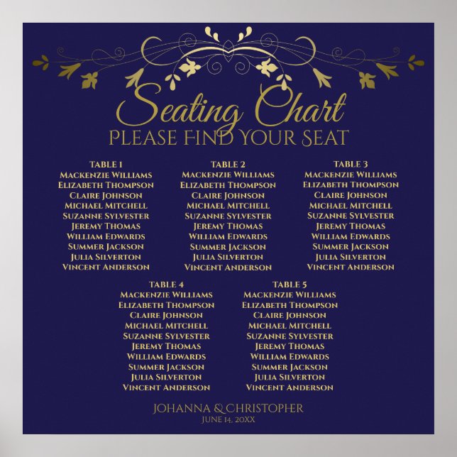 5 Table Elegant Gold & Navy Wedding Seating Chart (Front)