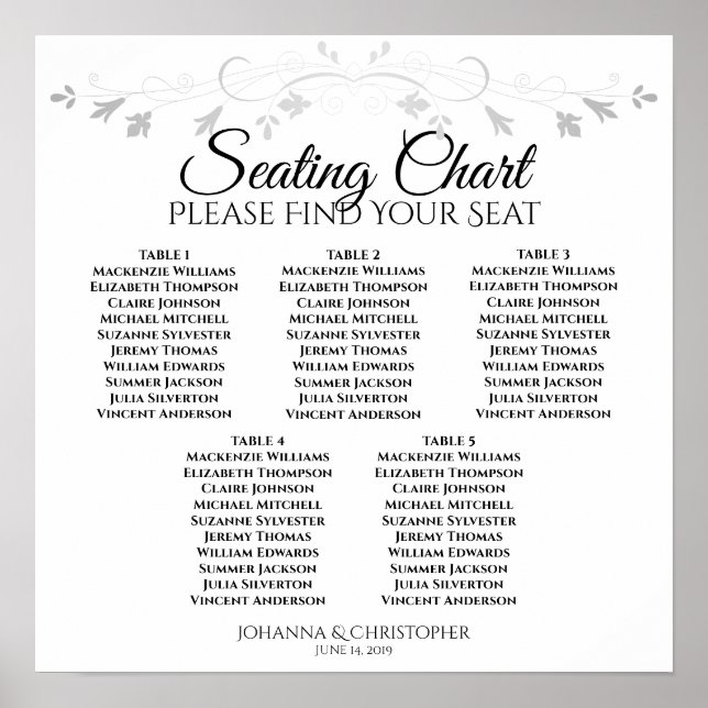 5 Table Lacy Silver Filigree Wedding Seating Chart (Front)