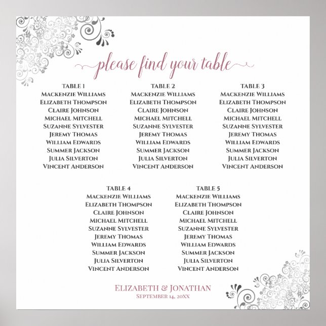 5 Table Lacy Wedding Seating Chart Rose on White (Front)