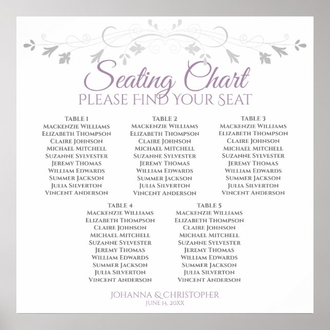 5 Table Purple & Gray Wedding Seating Chart (Front)
