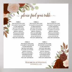 5 Table Rust Orange Floral Wedding Seating Chart