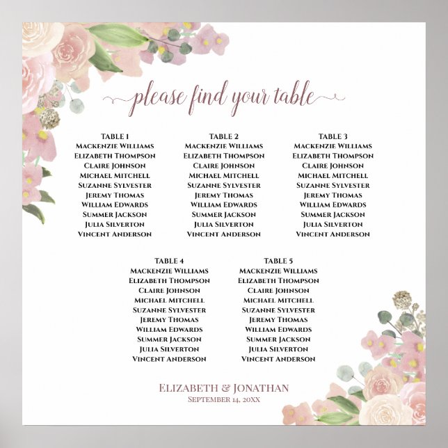 5 Table Rustic Pink Roses Wedding Seating Chart (Front)
