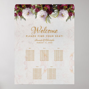 5 Table Seating Chart Marble Burgundy White Peony
