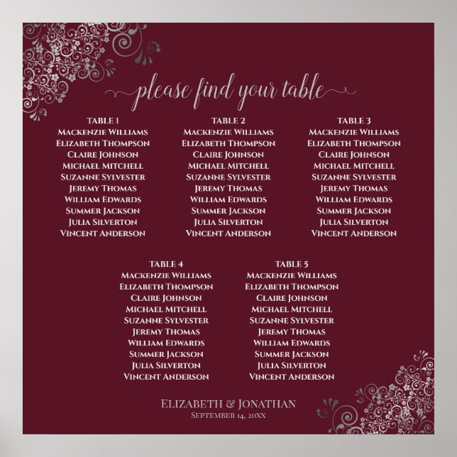 5 Table Silver on Burgundy Wedding Seating Chart (Front)