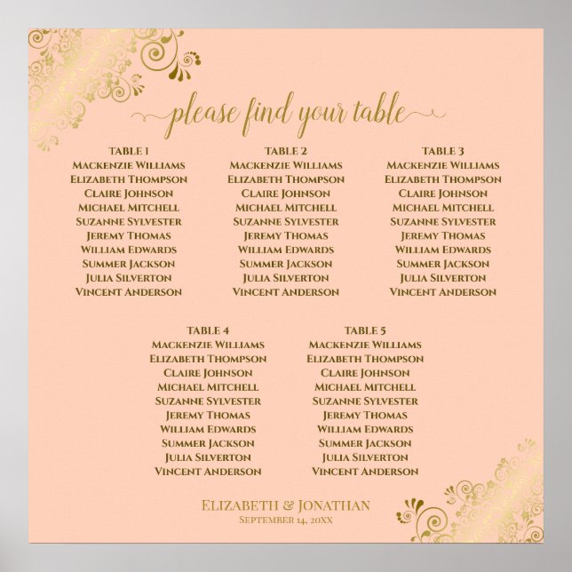 5 Table Wedding Seating Chart Coral Peach & Gold (Front)