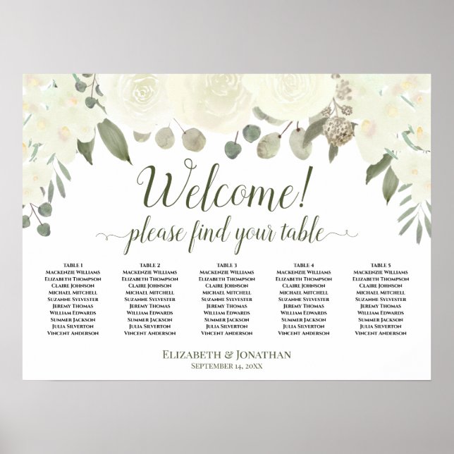 5 Table White Roses Welcome Seating Chart (Front)