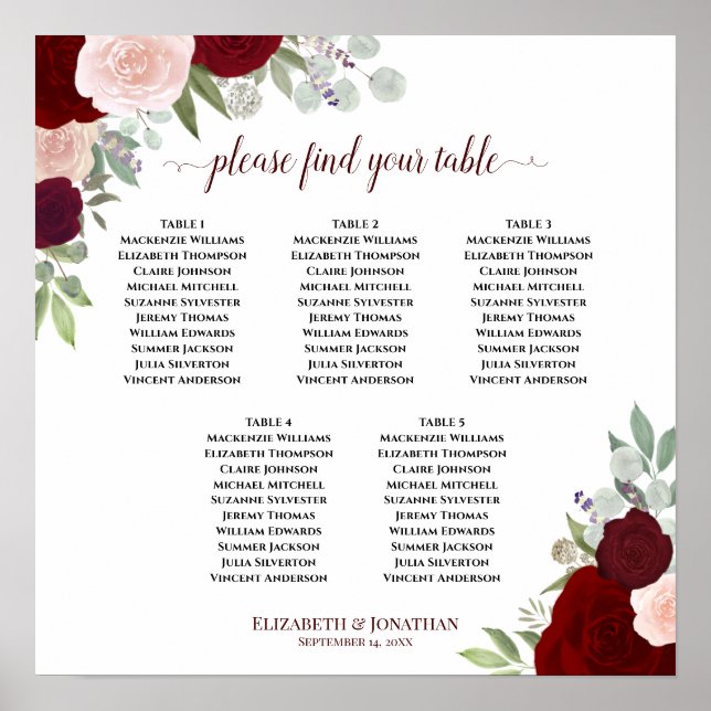 5 Tableau Mariage floral rouge et rose (Devant)