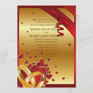 5" x 7" Luxury Modern Golden Rings Hearts Red Invitation