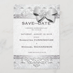 5" x 7" Modern Silver Floral Damask Bow Save The Save The Date