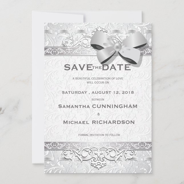 5" x 7" Modern Silver Floral Damask Bow Save The Save The Date (Front)