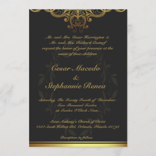 5 x 7 Wedding Invitation Gold and Black Damask